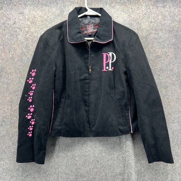 Vintage JH Design Racing Jacket Women Large Black Pink Panther Print Bomber - Picture 1 of 12